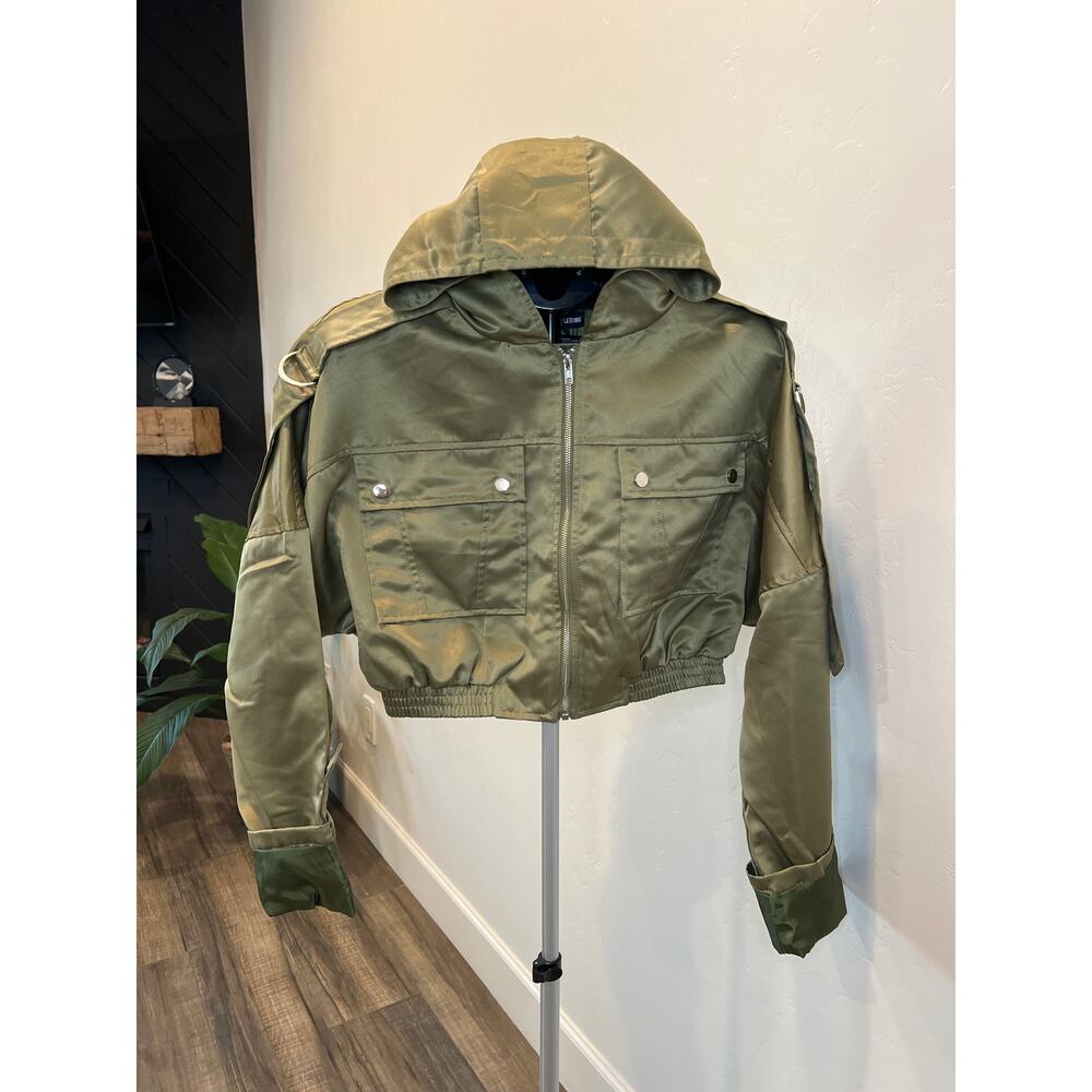 PRETTYLITTLETHING Women’s Green Satin Oversized Hooded Pocket Bomber Jacket